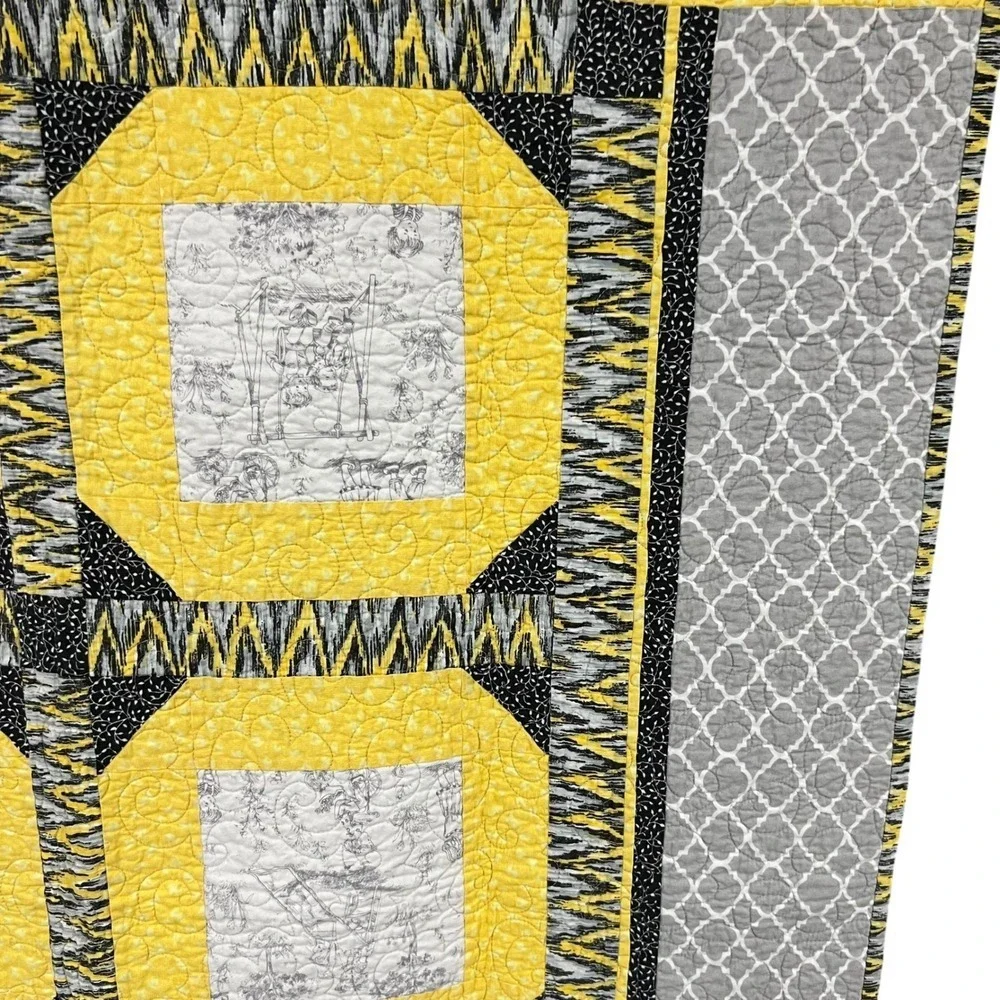 Handmade Modern Yellow Black Quilt Throw‎ 52x54 Lap Size